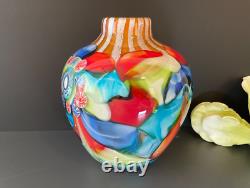 Abstract Millefiori Murano Italy Hand Blown Art Glass 10 Vase Turquoise Red