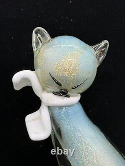 Alfredo Barbini Murano Glass Cat Figurine Turquoise With Gold Flecks Hand blown