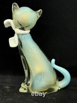 Alfredo Barbini Murano Glass Cat Figurine Turquoise With Gold Flecks Hand blown