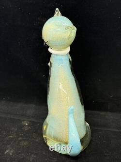 Alfredo Barbini Murano Glass Cat Figurine Turquoise With Gold Flecks Hand blown