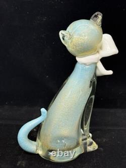 Alfredo Barbini Murano Glass Cat Figurine Turquoise With Gold Flecks Hand blown