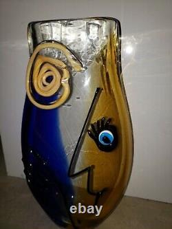 Amazing Murano Hand Blown Art Glass Abstract Face 15x 8 Italian Vase