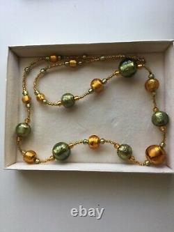 Antica Murrina Hand Blown Murano Glass Gold & Green 30 L Necklace From Italy