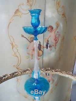 Antique Blue Salviati Murano Gold Flake Hand Blown Italian Art Glass Candlestick