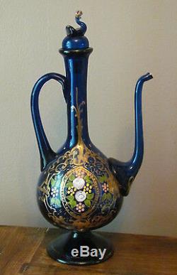 Antique Cobalt Blue Blown Italian Murano Glass Rosewater Tea Pot Decanter w Gold