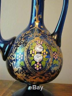 Antique Cobalt Blue Blown Italian Murano Glass Rosewater Tea Pot Decanter w Gold