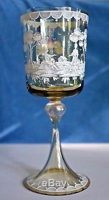 Antique Gold Murano Venetian Hand Painted Scene Crystal Wine Glass Set Salviati