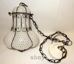 Antique Hand-blown Italian Murano Glass Latticino Hanging Cage Chandelier
