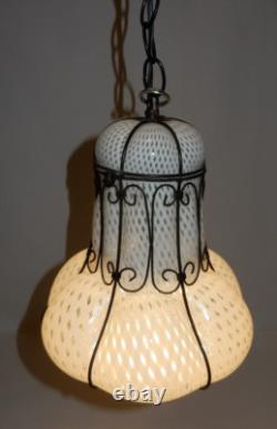 Antique Hand-blown Italian Murano Glass Latticino Hanging Cage Chandelier