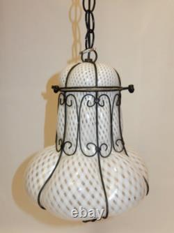 Antique Hand-blown Italian Murano Glass Latticino Hanging Cage Chandelier