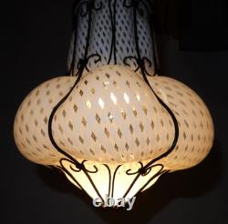 Antique Hand-blown Italian Murano Glass Latticino Hanging Cage Chandelier