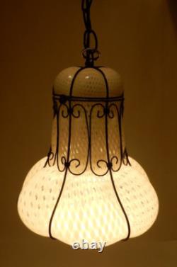 Antique Hand-blown Italian Murano Glass Latticino Hanging Cage Chandelier