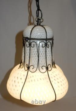 Antique Hand-blown Italian Murano Glass Latticino Hanging Cage Chandelier