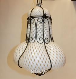 Antique Hand-blown Italian Murano Glass Latticino Hanging Cage Chandelier