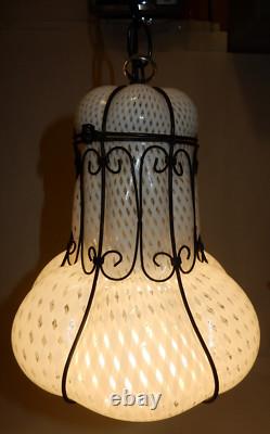 Antique Hand-blown Italian Murano Glass Latticino Hanging Cage Chandelier