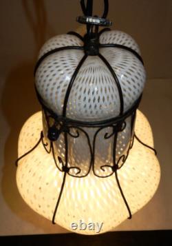 Antique Hand-blown Italian Murano Glass Latticino Hanging Cage Chandelier