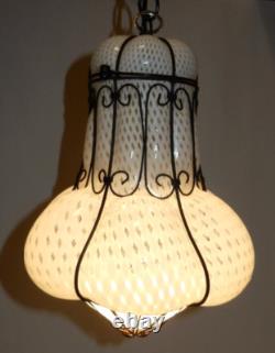 Antique Hand-blown Italian Murano Glass Latticino Hanging Cage Chandelier