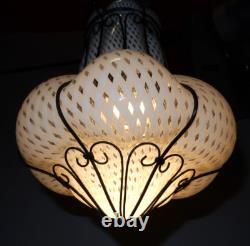 Antique Hand-blown Italian Murano Glass Latticino Hanging Cage Chandelier