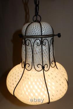 Antique Hand-blown Italian Murano Glass Latticino Hanging Cage Chandelier