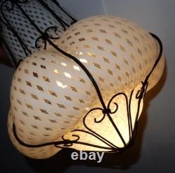 Antique Hand-blown Italian Murano Glass Latticino Hanging Cage Chandelier