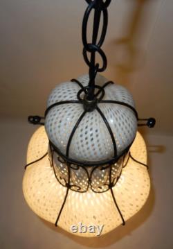 Antique Hand-blown Italian Murano Glass Latticino Hanging Cage Chandelier