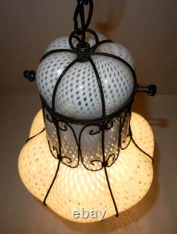 Antique Hand-blown Italian Murano Glass Latticino Hanging Cage Chandelier