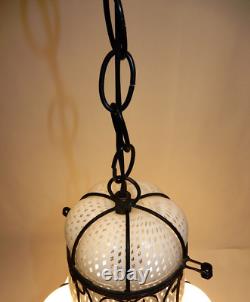 Antique Hand-blown Italian Murano Glass Latticino Hanging Cage Chandelier