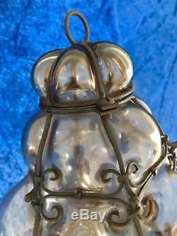 Antique Italian Hand Blown Seguso Murano Glass Light Pendant with Wrought Iron