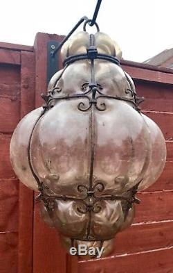 Antique Italian Hand Blown Seguso Murano Glass Light Pendant with Wrought Iron