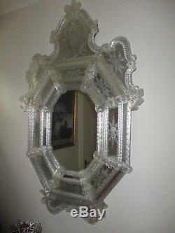 Antique Lrg. Murano Etched Venetian Hand Blown Glass Mirror