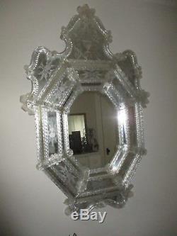 Antique Lrg. Murano Etched Venetian Hand Blown Glass Mirror