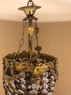Antique Murano Brass and Crystal Chandelier Art Nouveau Hand Blown Flowers