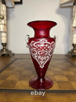 Antique Murano Grand Tour Enamel Vase Ruby Red Glass Hand Blown and Painted 8