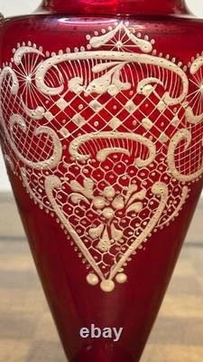 Antique Murano Grand Tour Enamel Vase Ruby Red Glass Hand Blown and Painted 8