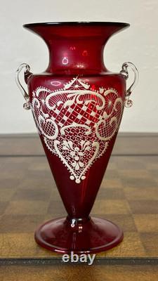 Antique Murano Grand Tour Enamel Vase Ruby Red Glass Hand Blown and Painted 8