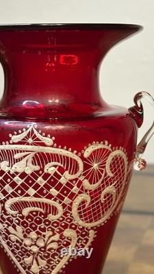 Antique Murano Grand Tour Enamel Vase Ruby Red Glass Hand Blown and Painted 8