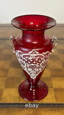 Antique Murano Grand Tour Enamel Vase Ruby Red Glass Hand Blown and Painted 8