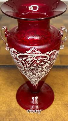 Antique Murano Grand Tour Enamel Vase Ruby Red Glass Hand Blown and Painted 8