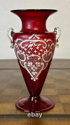 Antique Murano Grand Tour Enamel Vase Ruby Red Glass Hand Blown and Painted 8