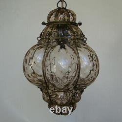 Antique Murano Hand Blown Caged Glass Hanging Ceiling Light Lantern Vintage