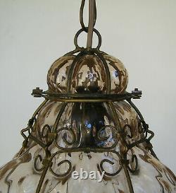 Antique Murano Hand Blown Caged Glass Hanging Ceiling Light Lantern Vintage