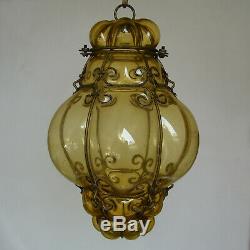 Antique Murano Hand Blown Caged Glass Venetian Lantern Hanging Ceiling Light Vtg