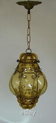 Antique Murano Hand Blown Caged Glass Venetian Lantern Hanging Ceiling Light Vtg