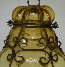 Antique Murano Hand Blown Caged Glass Venetian Lantern Hanging Ceiling Light Vtg