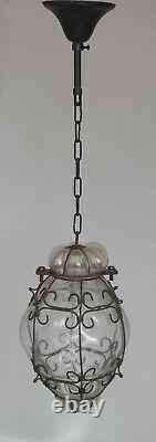 Antique Murano Hand Blown Clear Caged Glass Lantern Ceiling Light Vintage Italy