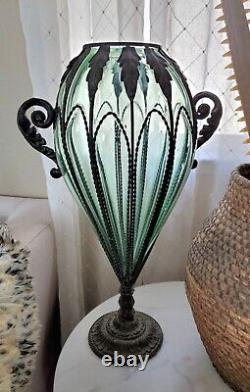 Antique Rare Large Murano Green Caged Blown Glass Urn Vase Centerpiece 1800's