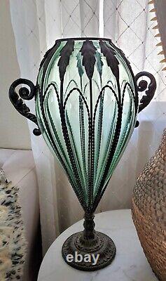 Antique Rare Large Murano Green Caged Blown Glass Urn Vase Centerpiece 1800's