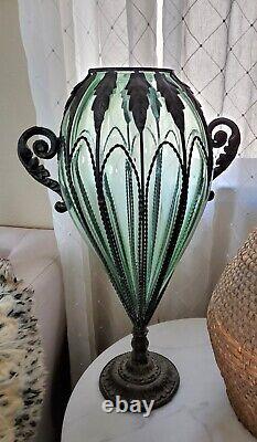 Antique Rare Large Murano Green Caged Blown Glass Urn Vase Centerpiece 1800's