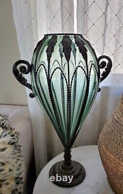 Antique Rare Large Murano Green Caged Blown Glass Urn Vase Centerpiece 1800's