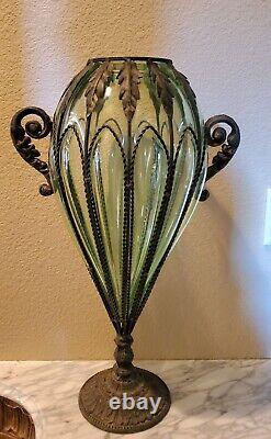 Antique Rare Large Murano Green Caged Blown Glass Urn Vase Centerpiece 1800's